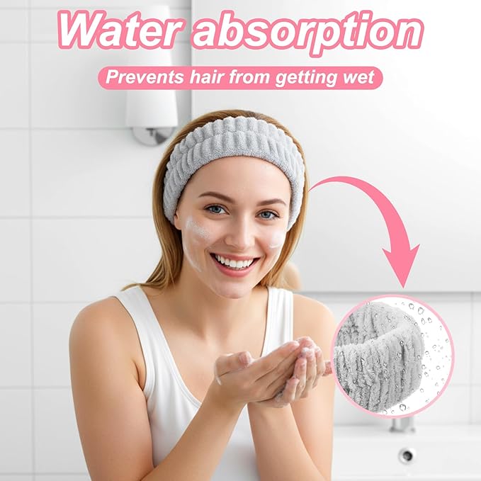 2PCS SPA Headbands, Make Up Headband Hair Headband for Face, Soft Puffy Terry Cloth Hairbands for Men Women's Facial Makeup, Washing, Face Mask, Spa & Shower (Black,Grey)