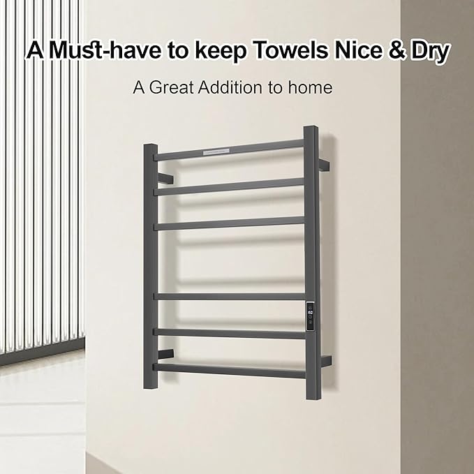 Electric Heated Towel Warmer - Wall Mounted Bathroom Towel Rack, Plug-in Design & Brushed Stainless Steel Finish Gunmetal with Timer & Temperature Control 6 Bar