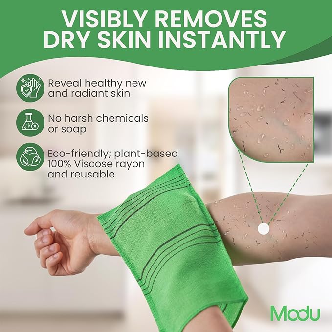 Modu Korean Exfoliating Mitts Large 4PCS (Green, Yellow, Sky Blue, Pink) – Exfoliating Gloves Body Scrubber Italy Towel Washcloth for Korean Spa at Home, Dead Skin Remover, 100% Vegan Viscose