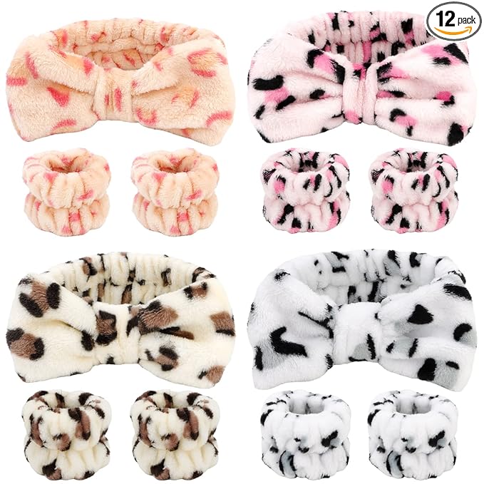 12PCS Spa Headband and Wristbands for Face Washing - Super Cute Soft Microfiber Makeup Headband with Highly Absorbent Elastic Bow Skincare Bands for Women and Girls