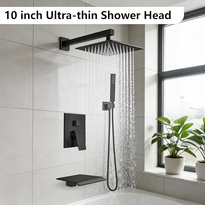Midanya Shower System with Tub Spout,Bathtub Shower Faucet Set with Square Rainfall Head and Handheld Sprayer Wall Mount Tub Faucet Set with Valve and Trim Kit,10 Inch Oil Rubbed Bronze