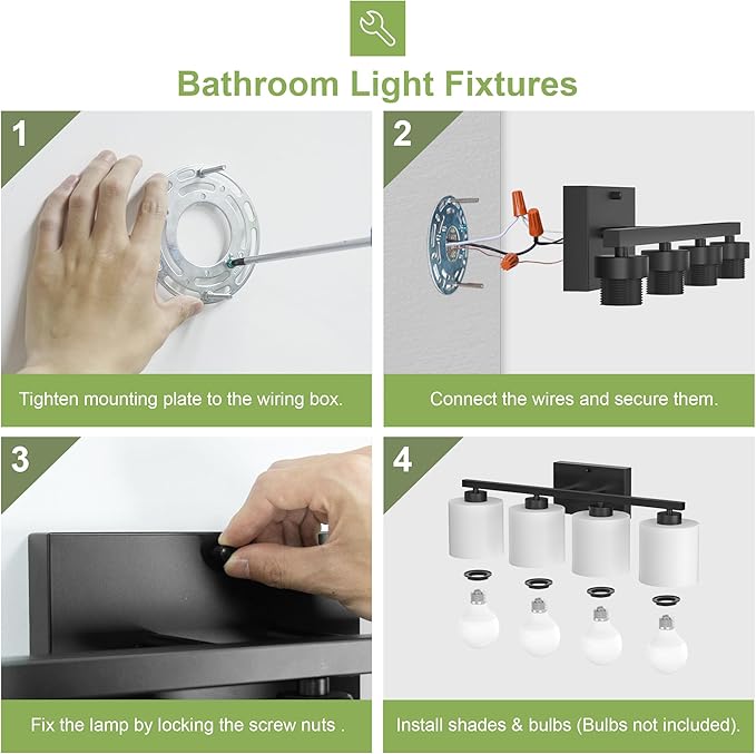 Honesorn 4-Light Vanity Lights, Matte Black with Frosted Shade & Nickel Finish, Modern Bathroom Over Mirror Lighting