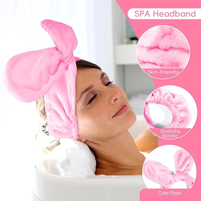my novel things Hair Band for Washing Face, Adjustable Skincare Spa Headband and Wristband Set for Women Girl, Makeup Hair Headbands Cute Pink Versatile Fun Gift for Friend