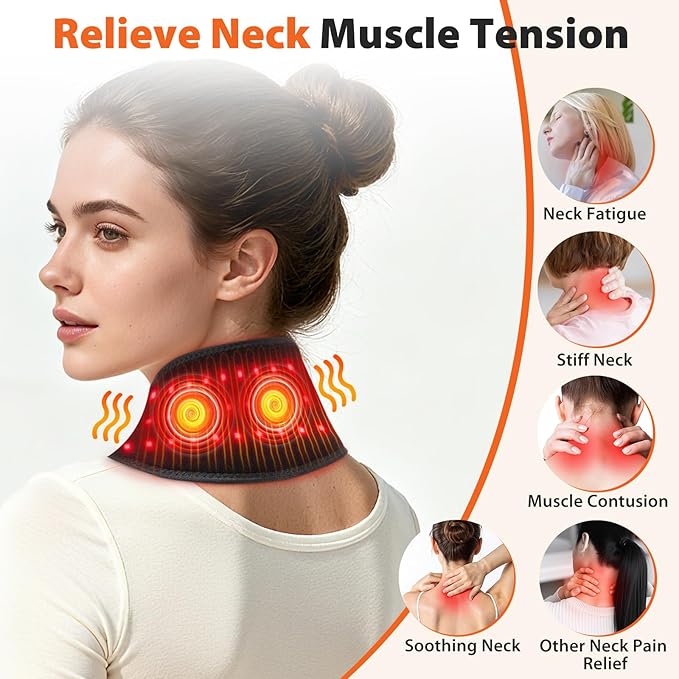 Neck Heating Pad with Massage, Heating Neck Wrap with 660nm 850nm Red Light, with 3000mAh Rechargeable, 3 Levels Heat & 3 Vibration Modes, Electric Nape Heating Pad for Soreness Stiffness
