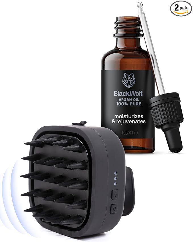 Black Wolf Sonic Scalp Head Massager & 100% Pure Argan Oil Bundle - Hair Care Products for Healthy Looking Hair & Scalp - Men's Shower & Bathroom Essentials Set