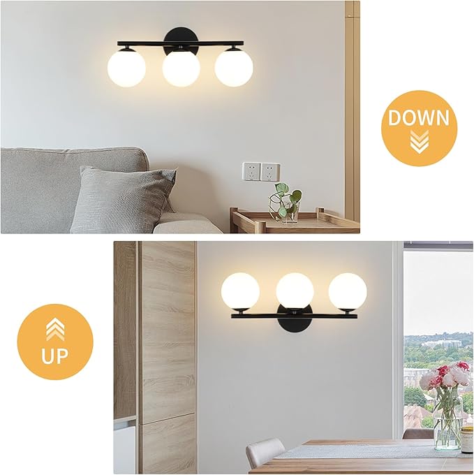 Black Globe Bathroom Light Fixtures 3-Light Vanity Light with Plastic Milk White Globe Shades 11.81 inch Wall Sconce Lighting Over Mirror, Vanity Lights for Bathroom Bedroom Hallway