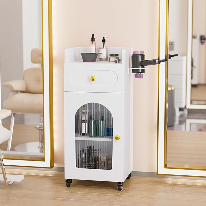 OmySalon Salon Cart with Wheels, 3-Tier Rolling Beauty Cart with Glass Door & Dryer Holder, Mobile Hair Styling Station for Barber, Spa, Esthetician, Nail & Tattoo Artists, Lockable Storage, White