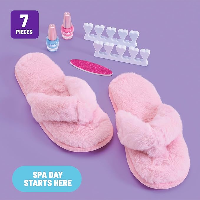 Claire's Kids Pedicure Kit, 7-Piece Home Spa Set with Fuzzy Slippers, Nail Polish, Toe Separators & Nail File, Kids Pedicure Tools for Feet, Girl Toys & Beauty Activity, Gift for Girls Age 8+