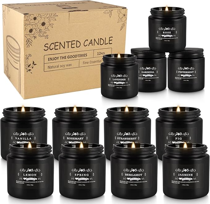 WPONSZU 12 Pcs Halloween Scented Candles with Added Natural Essential Oils, 3.05oz, Suitable for Various Festivals, Parties, Yoga, and Home Scene(Black)