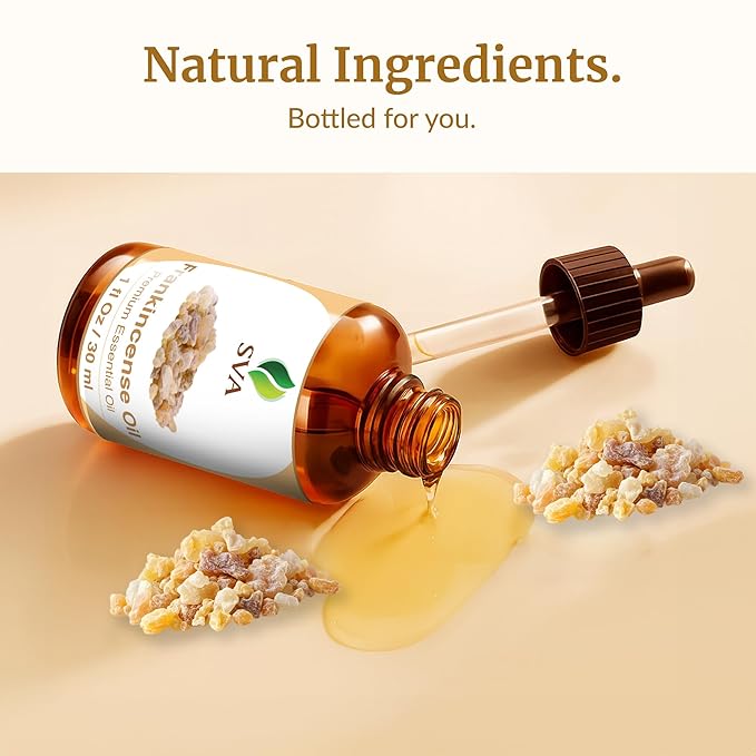 SVA Frankincense Essential Oil – 1 Fl Oz – 100% Natural Boswellia Carterii Oil - for Diffuser, Hair Care, Face, Skin Care, Aromatherapy, Scalp and Body Massage, Soap and Candle Making – with Dropper