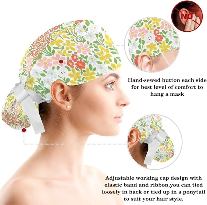 Scrub Caps Women Nursing Hats Floral Flowers with Buttons Ponytail Working Adjustable Pouch Tie Back