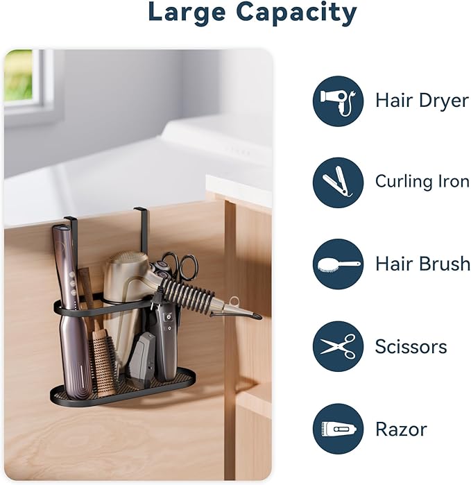 3-in-1 Hair Tool Organizer Holder for Dryer, Straightener & Curling Iron - Multi-Placement Design Mounts on Cabinet Door&Tabletop (Black Elliptic Frame)