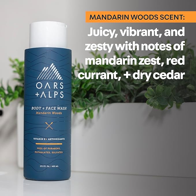 Oars + Alps Body Wash for Men, Mens Body Wash & Face Cleanser with Vitamin E & Antioxidants, Moisturizing, Paraben & Sulfate Free Cleanser, Mandarin Woods, 3pk