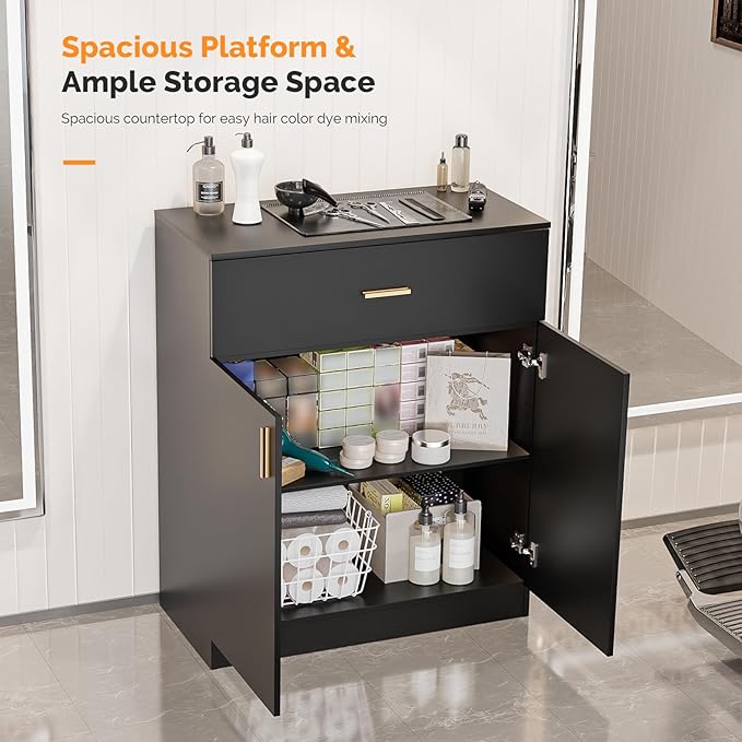 Salon Staion Hair Color Bar Organizers, Hair Color Rack, Barber Station Cabinet with Drawers & Adjustable Shelves, Wall Mounted Tube Storage Station for Salon Display, Black