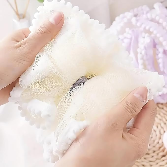 Large Luxurious Bath Ball Loofah Sponge Pouf Puff Mesh for Shower - Soft, Quick-Dry Exfoliating Foaming Deep Cleansing Body Scrubber - White