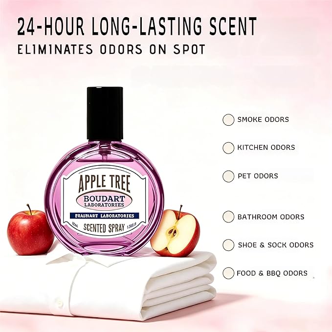 Travel Fabric Refresher Spray – Odor Eliminator & Wrinkle Release, TSA Approved 40ml for Gym Hotel Office Clothes Sofa Curtains, Apple Tree Scent – Boudart Labs