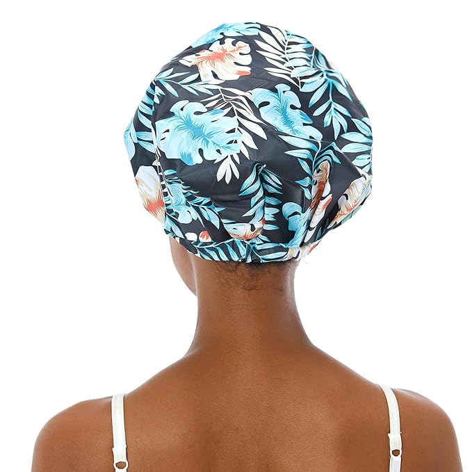 Shower Cap for Women Reusable Waterproof Bath Cap for Long Hair Cap for Shower Cute Extra Large Turban Shower Cap for Braids(Leaves)