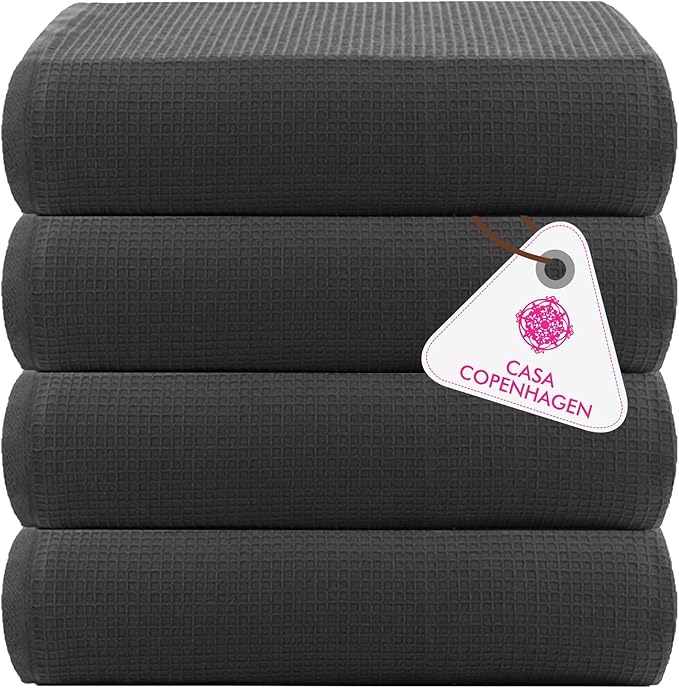 CASA COPENHAGEN Wafffle 4Pcs 100% Egyptian Cotton Large Designer Towels Gift Set- Pine Grey, 55"x27", 4Bath Towels for Bathroom (Box Pack, Set for Women & Men)