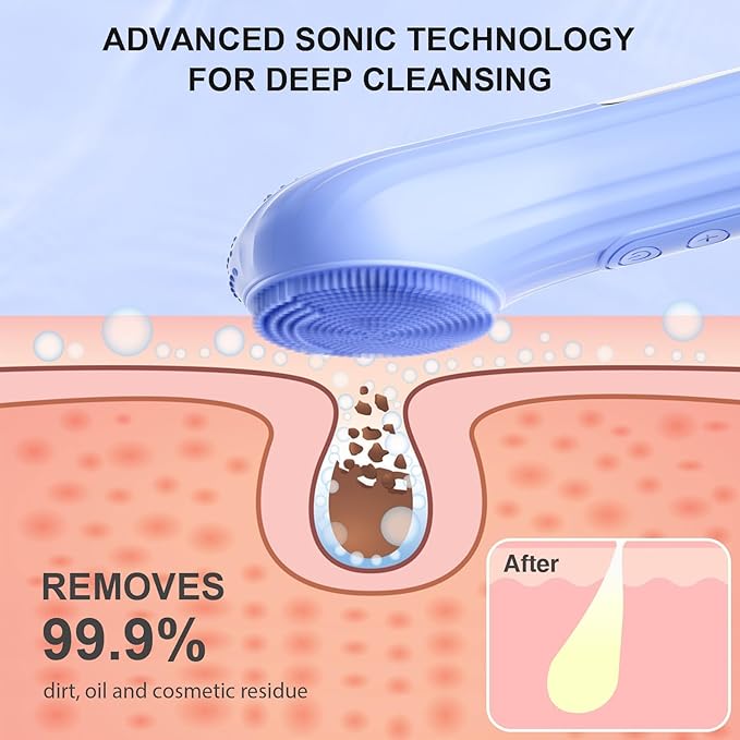 Silicone Face Scrubber, Waterproof Electric Facial Cleansing Brush for Men & Women, Rechargeable Face Scrubber with 5 Modes for Deep Cleansing, Exfoliating, Massage (Blue)