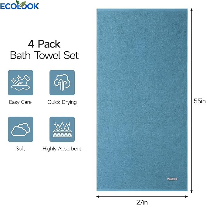 ecolook Bath Towels Set of 4,100% Cotton,27 x 55 Inches,Quick-Drying & Absorbent,Soft,Lightweight Towels for Bathroom,Shower,Spa, Gym & Hotel,Light Blue