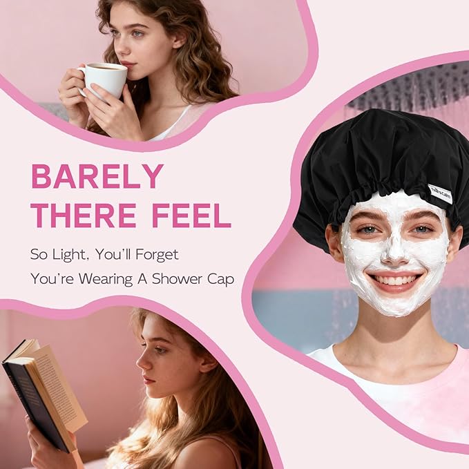 Years Calm Shower Cap for Women Waterproof Reusable – 27g Ultra Lightweight Double-Layer Shower Bonnet, Secure Fit for Long, Curly Hair, Travel & Spa (Black)