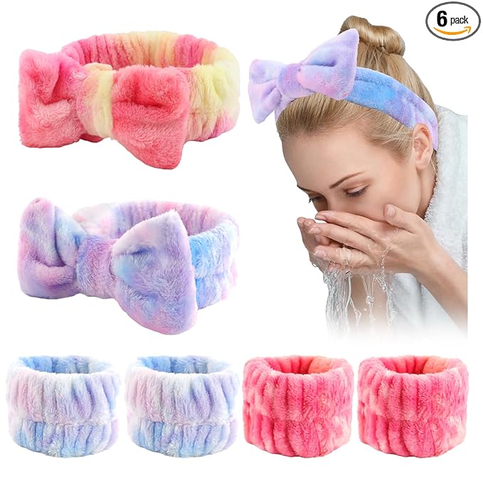 WHAVEL 8PCS Spa Headband and Wristbands Set, Face Wash Headband Wrist Bands for Washing Face Skincare Makeup Hair Band Skin Care Accessories Tools，Tie-dye 2