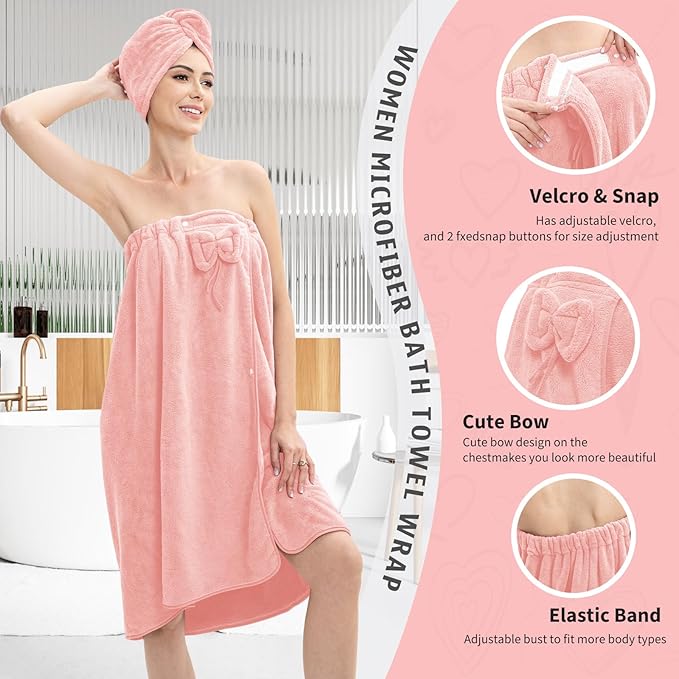 Bath Wrap Towels for Women – Adjustable Spa Shower Wrap with Super Absorbent Microfiber, Quick-Dry Body & Hair Towel Set for Home, Hotel, Beach, Pool, Gym, Travel (Pink, L - XL)