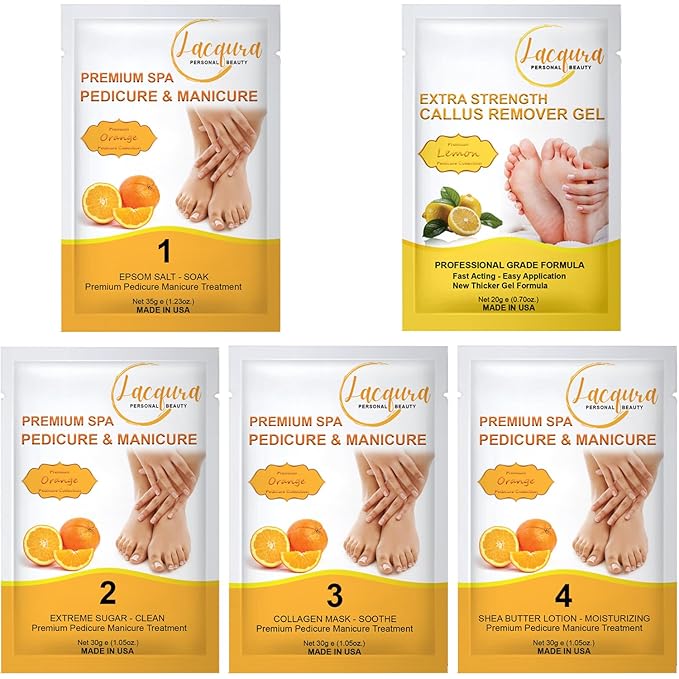 Deluxe Pedicure Kit 5 Step Spa Set – Epsom Salt Soak, Callus Remover Gel, Sugar Scrub, Collagen Mask & Shea Butter Lotion – Professional At Home Foot Care (Orange, 03 Sets)