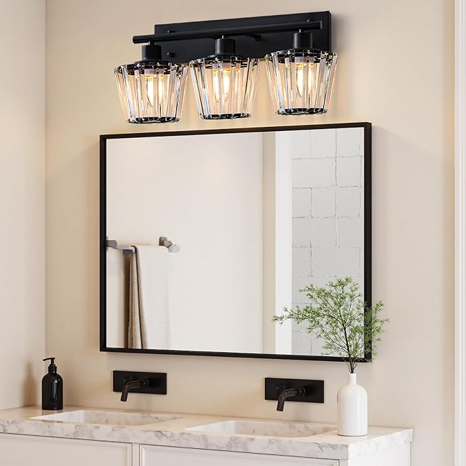 Bathroom Light Fixtures, 3-Light Vanity Light with 3 E26 Bulbs, Modern Crystal Bathroom Lighting Fixtures Over Mirror, Vanity Lights for Bathroom Living Room Hallway Kitchen