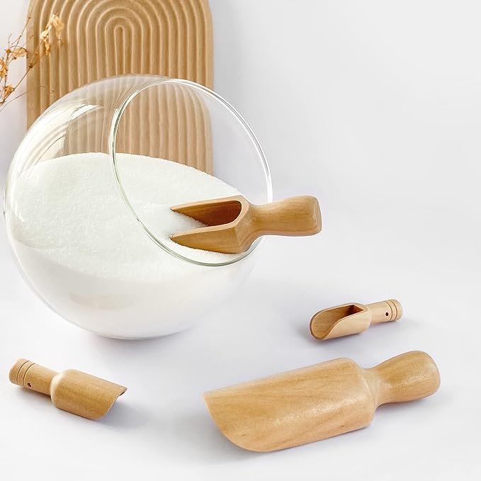 Wooden Scoops 5.5" and 3", 1 standard bath salt scoop and 1 mini scoop, Natural Beech Wood Scoops, the mini is for coffee and laundry, the standard is for Flour, Bath Salt, Sugar, Cereal