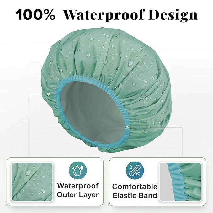 3Pcsk Reusable Waterproof Shower Cap for Women, Bath Cap for Long Thick Hair, Comfortable Hair Cover for Shower