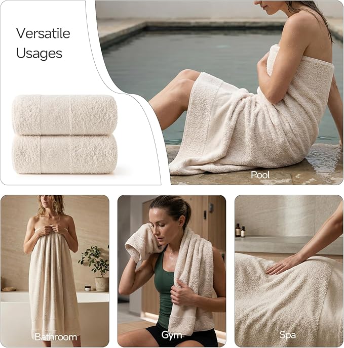 REDKISS Towels 2 Pack Luxury Extra Large Bath Towels Set 30 x 58 Inches – 100% Cotton, Ultra Soft Highly Absorbent & Quick Dry Towels for Bathroom, Gym, Hotel, Spa, Sand Beige
