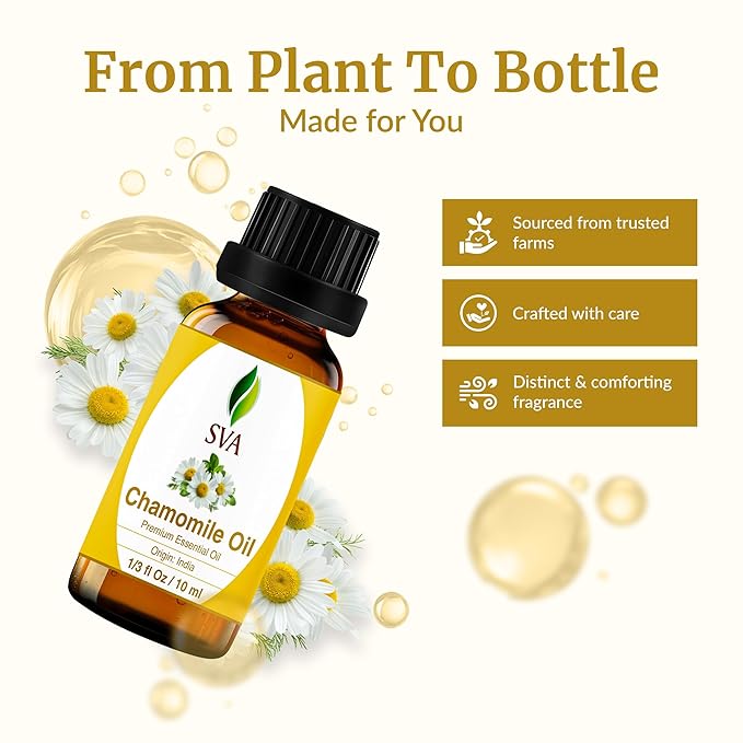 SVA Chamomile Essential Oil – 1/3 Fl Oz – 100% Natural Chamomile Oil - for Diffuser, Hair Care, Face, Skin Care, Aromatherapy, Scalp and Body Massage, Soap and Candle Making
