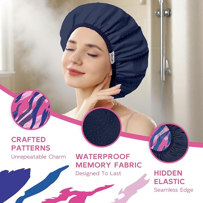 Years calm Waterproof Shower Cap for Women - Double-Layer Reusable Bath Cap with Elastic Band for Long/Short/Curly/Braids Hair, Washable & Travel-Friendly, Fit for Shower, Spa (Stripe Shower Cap)