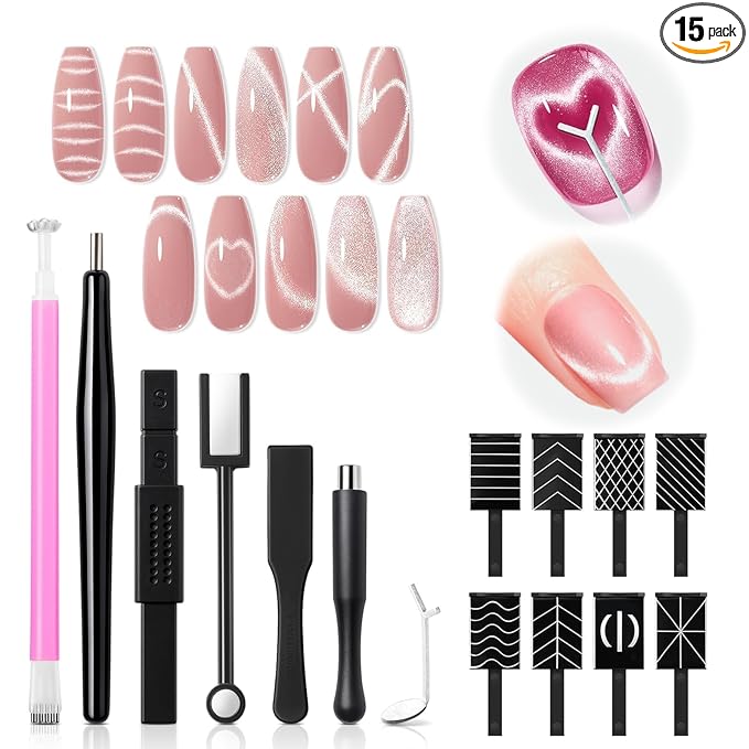 modelones Cat Eye Magnet Set, 15PCS French Cateye Gel Nail Polish Magnet Nail Art Tools Set Circle Magnet for Cat Eye Magnet Square Round Magnet Stick Diverse Glassy Cateye Effect for Mother’s Day