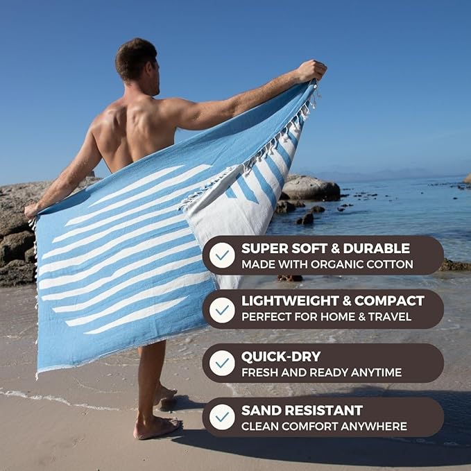 FESHKA Sand Proof Turkish Beach Towel – Oversized, Quick Dry & Lightweight Travel Towel - 100% Organic Cotton Beach Blanket - Perfect for Bath, Pool & Picnic | Blue Stripes (Blue)