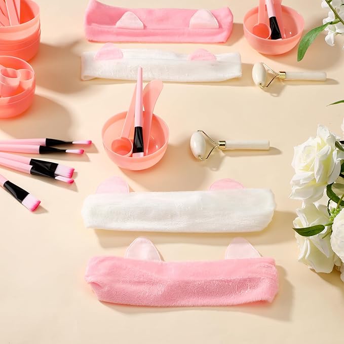 8 Sets Spa Party Supplies include 8 Jade Rollers Face Mask Brushes Face Mask Mixing Bowls Headband for Spa Party Sleepover Slumber Favors