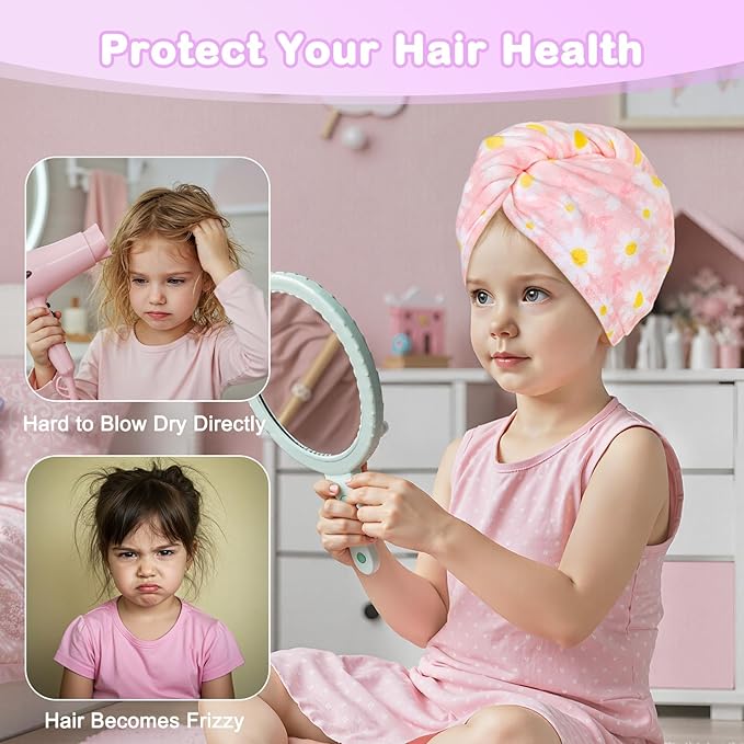 FIOBEE Microfiber Hair Towel Wrap for Kid Rapid Drying Towel Absorbent Hair Turbans for Wet Hair with Button Women Girls Long Curly Hair Pack of 2, Pink/Purple Flowers