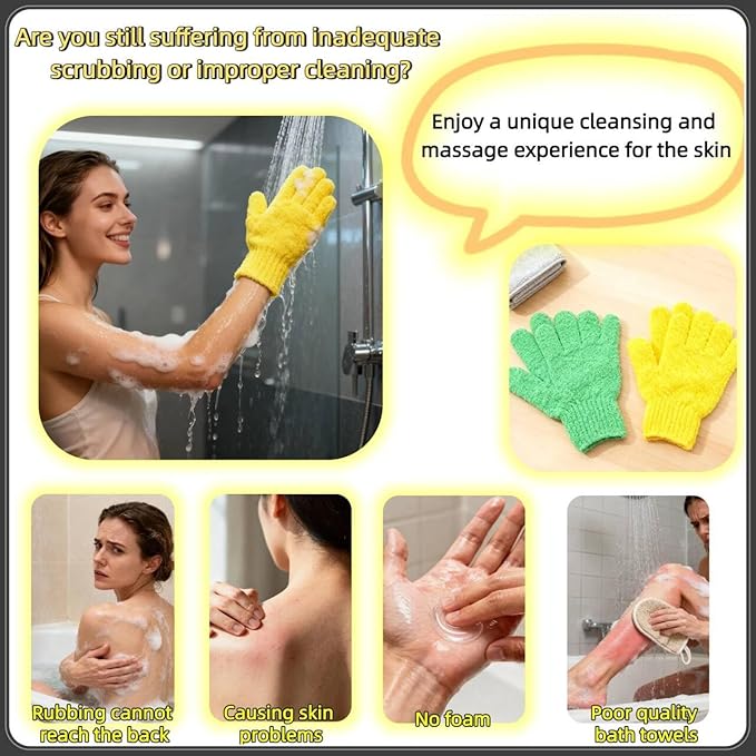 4-Pack SpaGlow Exfoliating Bath Gloves - Body & Face Scrub for Smooth Skin, Prevent Acne, Unclog Pores. Deep Cleansing and Massage Spa Gift Set for Women/Men, Yellow and green
