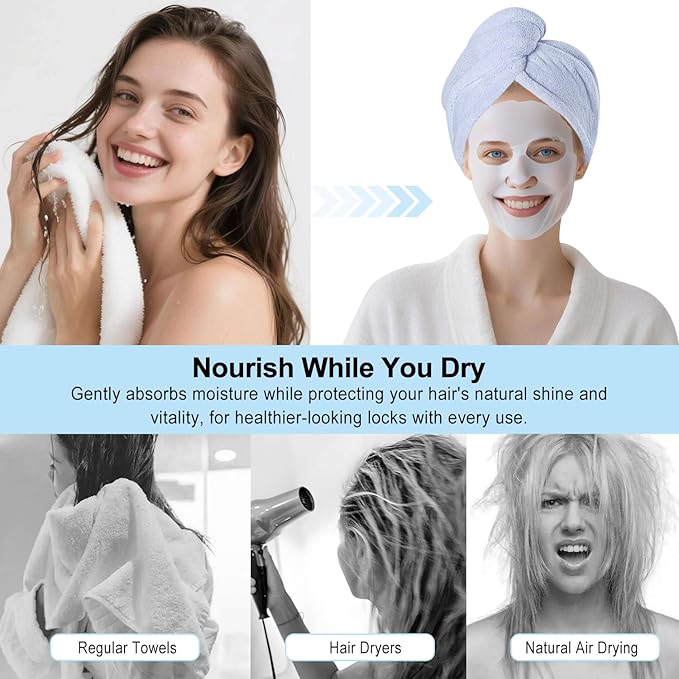 Microfiber Hair Drying Towel Wrap for Women, Hair Turbans Towel for Wet Hair,turbie Twist Hair Towels(The Color of the Picture is for Reference only) (Blue,Blue)