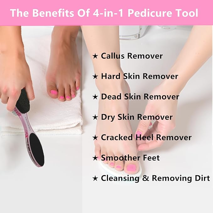 Foot File Callus Remover 4-in-1, Feet Scraper Pedicure Tools with Pumice Stone, Scrubber Brush, Foot Rasp and Sand Paper, Double Sided Multi Purpose, Clear Pink and Blue