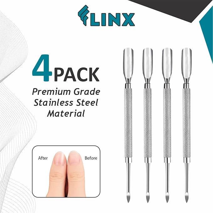 FLINX Metal Cuticle Pusher Tool 4 Pc Nail Manicure Tools Nail tools for Manicure & Pedicure, Metal Cuticle Pushers and Scraper, Nails Cuticles Pusher Cuticle Tools for Nails