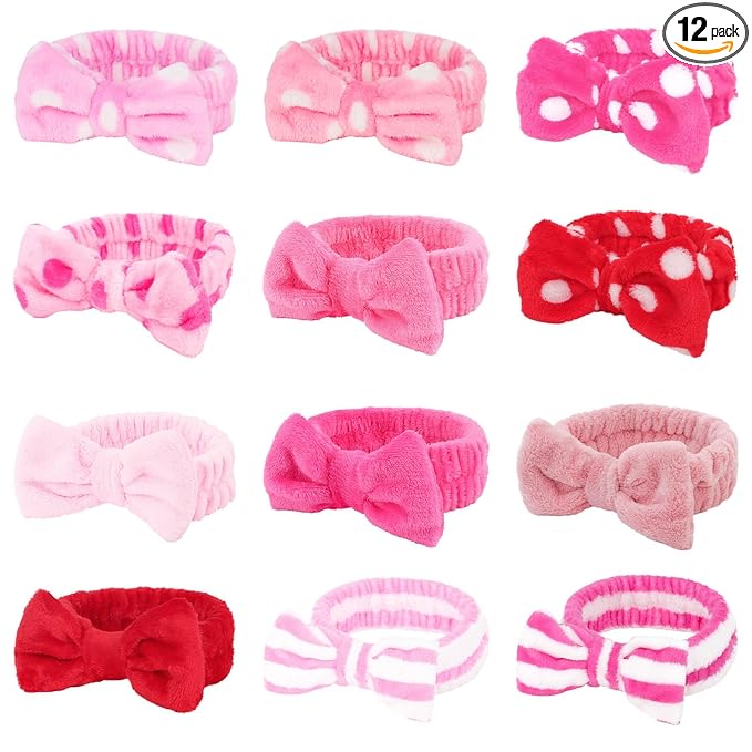 Casoty 12 Pcs Makeup Headband, Spa Headband for Women, Soft Coral Fleece Headbands for Makeup, Bow Hair Band for Face Washing Shower Skin Care Yoga