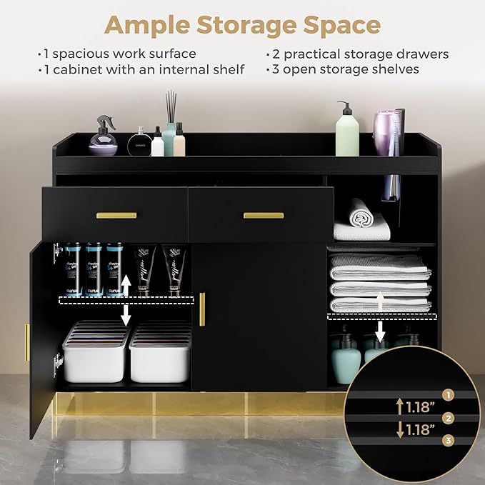 Salon Storage Cabinet Barber Station, Free Standing Hair Styling Station with Drawers, Hair Dryer Holders and Adjustable Shelves, Beauty Salon Spa Equipment