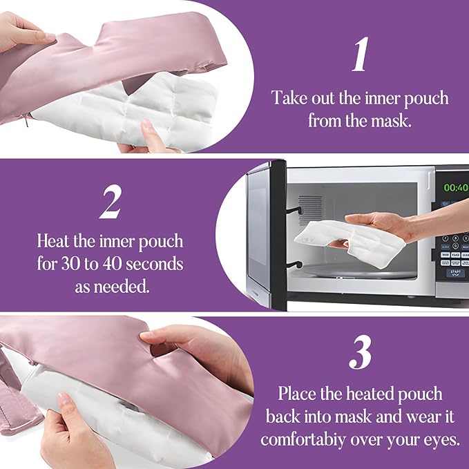 Lavender Heated Eye Mask, Weighted Sleep Mask for Dry Eyes & Blepharitis, Microwave Warm Compress to Remove Styes, Adjustable Satin Eye Pillow-Pink