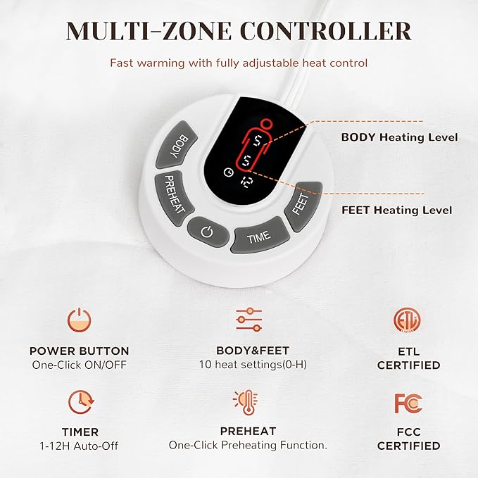 GOTCOZY Multi-Zone Heated Mattress Pad Full Size - Electric Mattress Pad Fit up to 15" with 10 Heat Setting & 12 Hour Auto Off, Independent Body & Feet Heating, Machine Washable（Bleach）