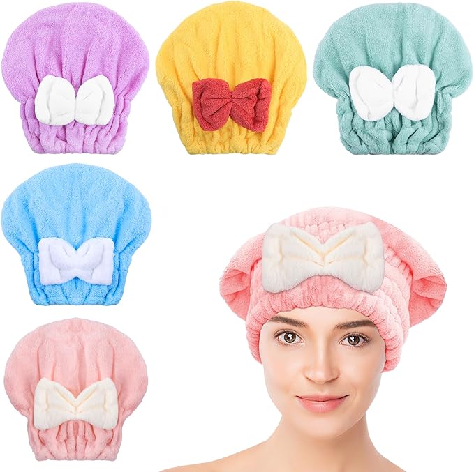 Microfiber Hair Drying Caps, 5-Pack Extra Soft and Ultra Absorbent Fast-Drying Hair Turban Wraps, Shower Caps for Girls and Women with Cute Bowtie Design（11" L x 10" W）