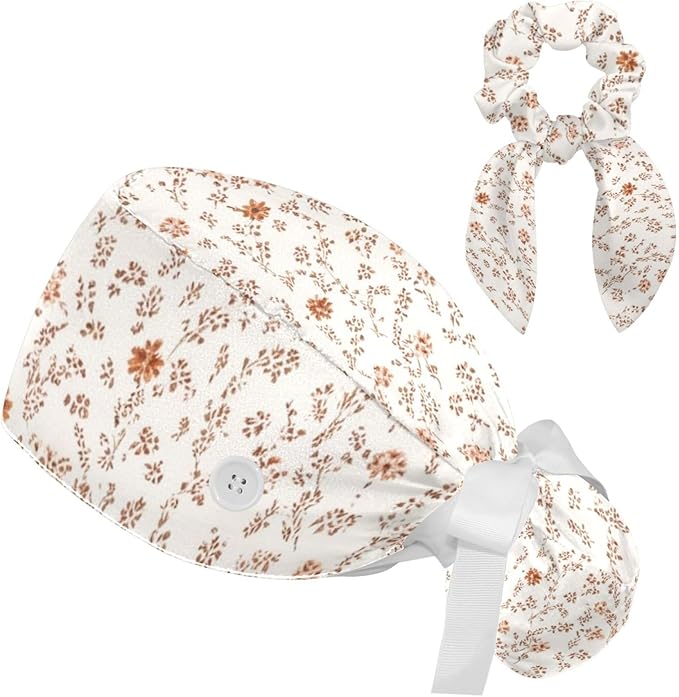 Scrub Caps Women Nursing Hats Floral Flowers with Buttons Ponytail Working Adjustable Pouch Tie Back