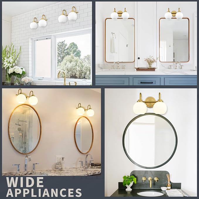 AKEZON Bathroom Light Fixtures 2-Light Brushed Gold Vanity Light, Modern Bathroom Wall Sconce with Milky White Frosted Glass Shade for Mirror Bedroom Hallway