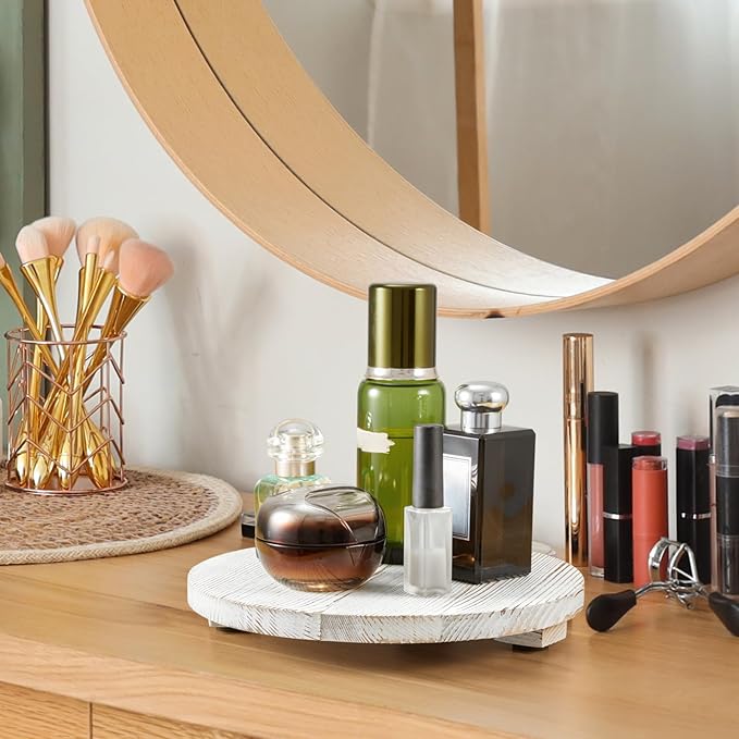 Small Round Decorative Tray White Washed Wood Bathroom Counter Organizer Pedestal Stand Farmhouse Kitchen Decor Wooden Riser for Soap Dish, Perfume, Candle, Sponge, 9"